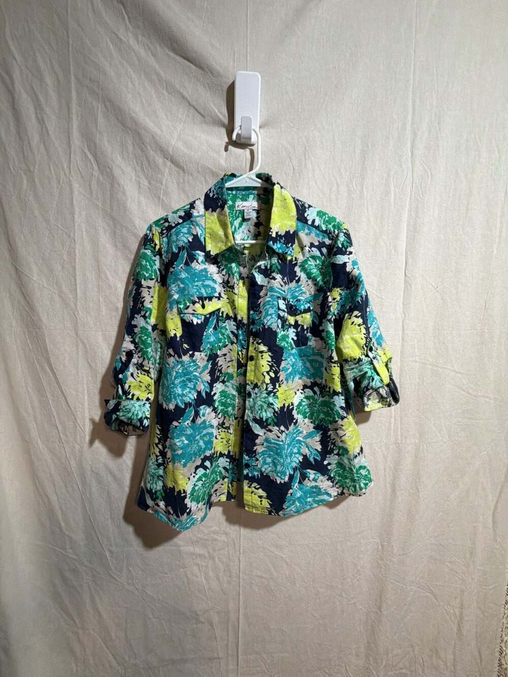 Kim Rogers Petite 100% Linen Floral Print Button Down Shirt Jacket